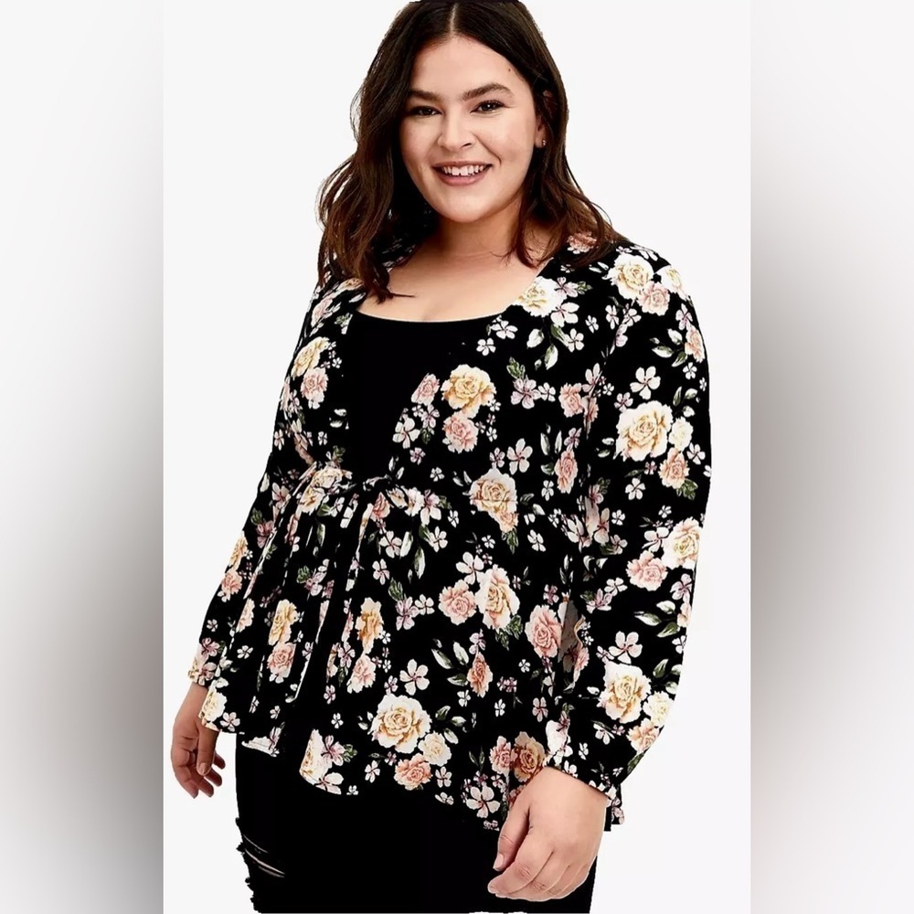 TORRID Black Floral Crepe Tie-Front Kimono Tie at waist Long Sleeve Floral Black